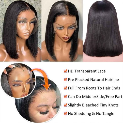 Bob Wig Human Hair 13x4 Frontal Lace Wig 12 Inch Hd Lace Front Wigs Human Hair 180 Density Bob Wig Glueless Human Hair Wig Short Human Hair Wigs for Women Pre Plucked With Baby Hair Natural Color
