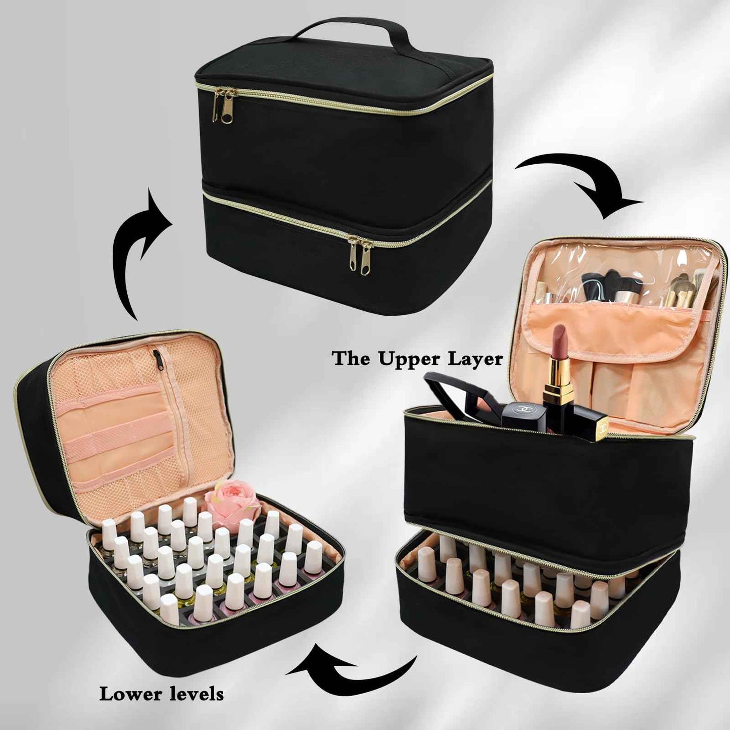 LIVEBAY Nail Polish Organizer Bag, Double-Layer Nail Supplies Organizer Holds 30 Bottles & Nail Lamp, Professional Nail Kit Storage Carrying Case (Black)