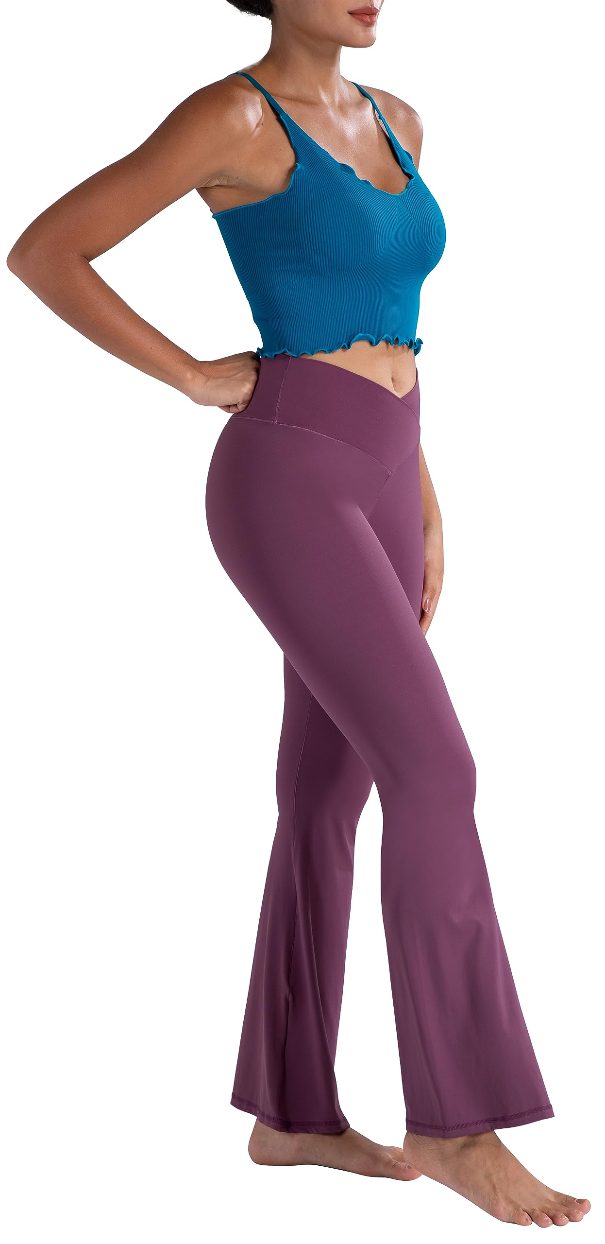 Sunzel Flare Leggings, Crossover Yoga Pants with Tummy Control, High-Waisted and Wide Leg, 30" Inseam, Burgendy X-Small