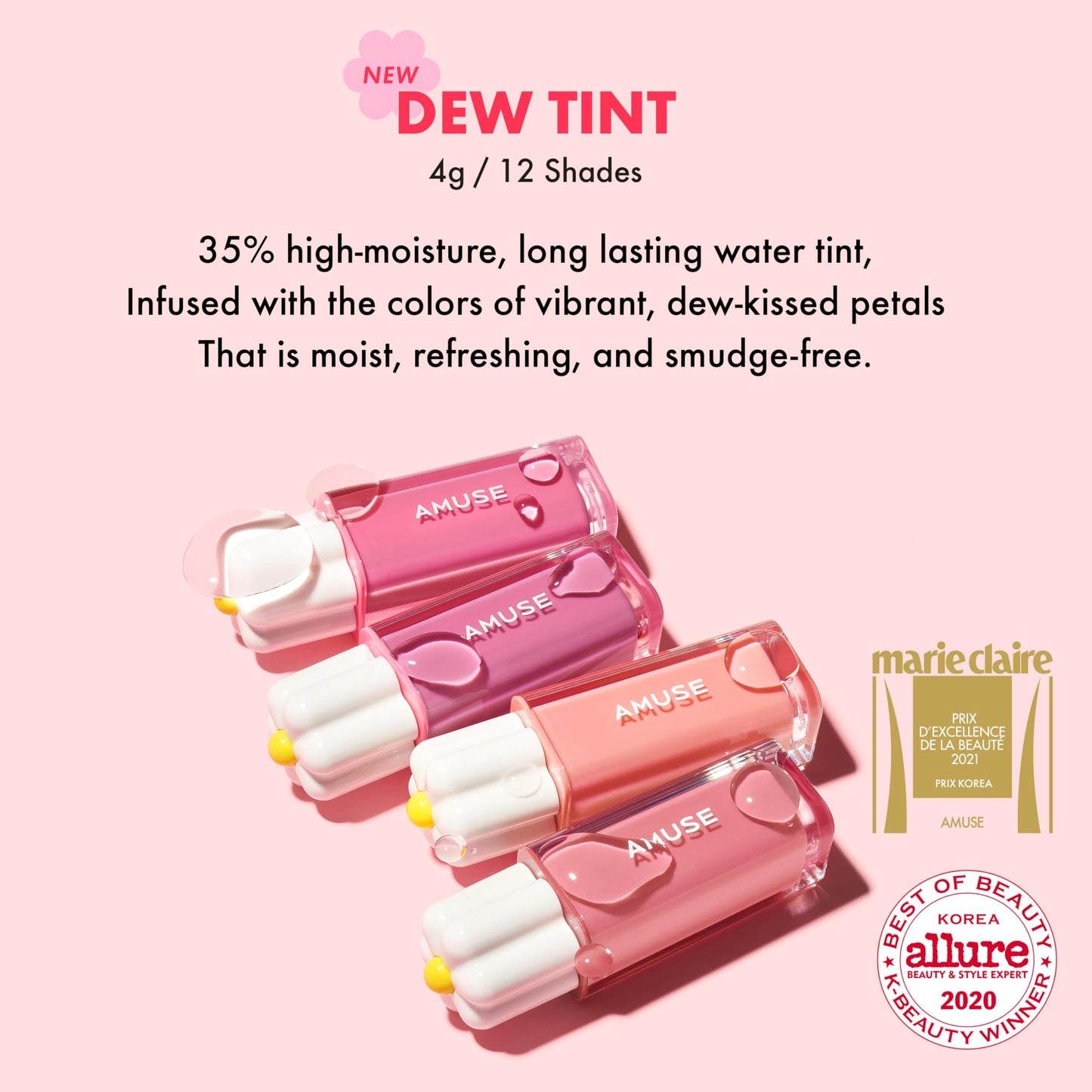 Amuse SEOUL Daisy Flower Dew Tint 04 POMELO NUDE | 35% High-moisture Water Tint, Long-lasting, Vitamin E Acetate, Moisturizing, No Peel Off, Lip Treatment, Non Sticky, Korean Lip Tint for Dry Lips