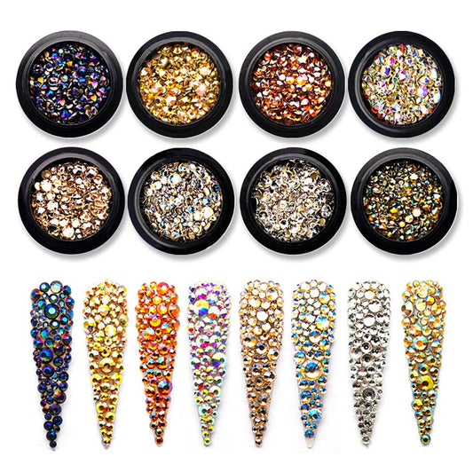 Hisenlee Mixed size Glass Gems Nail Rhinestones FlatBack Crystals Special Color Nails Accessories For Nail Art Decorations Set Of 8