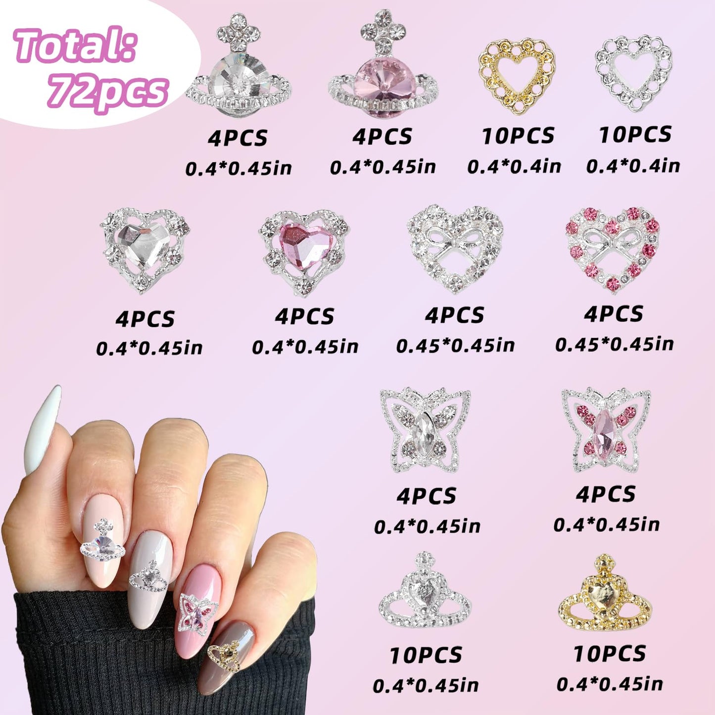 72 Pcs Heart Rhinestones for Nails, Shiny Alloy Planet Heart Butterfly Metal Nail Gems, Pink Colors White Rhinestones Heart Planet Nail Art Gems 3D Nail Gems Charms for Nails Art DIY Design