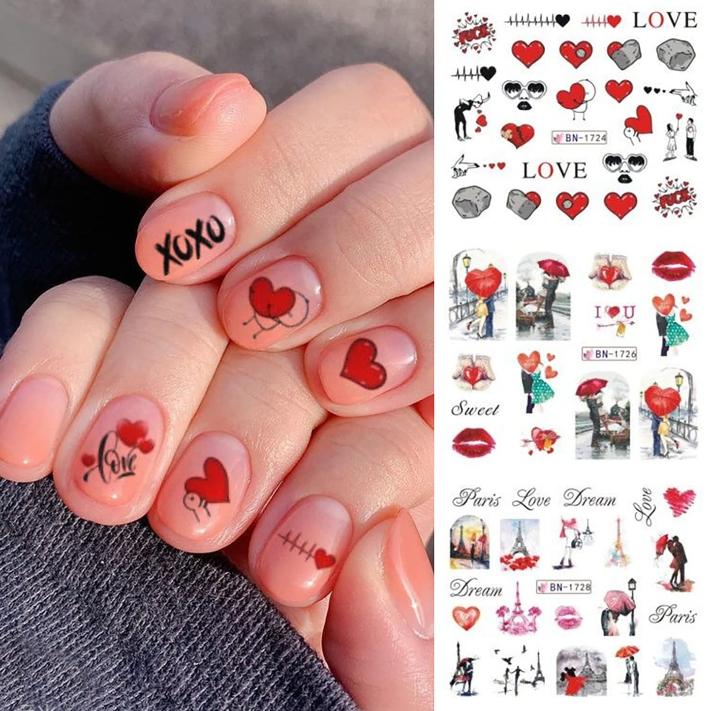 12 Sheets Valentine's Day Nail Stickers Love Tower Umbrella Patterns Design Water Transfer Nail Decals Holographic Art Sticker Decal Nail Art for Women DIY Supplies Manicure Decoration Nail Art Decal