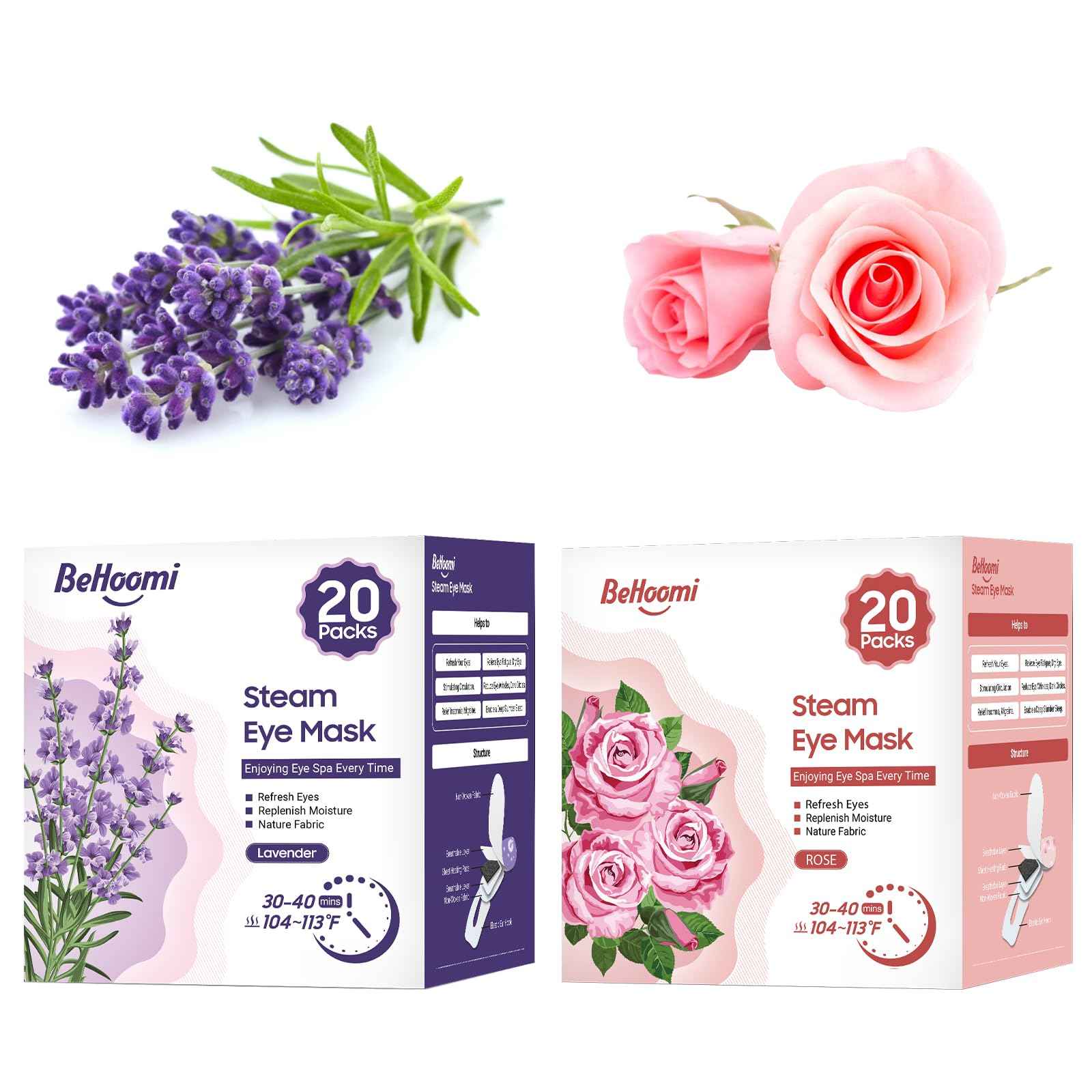 BeHoomi Steam Eye Mask, 40 Packs Heated Eye Mask Warm Compress for Eyes, Self Heating Disposable Eye Masks, Stocking Stuffers (Lavender & Rose)