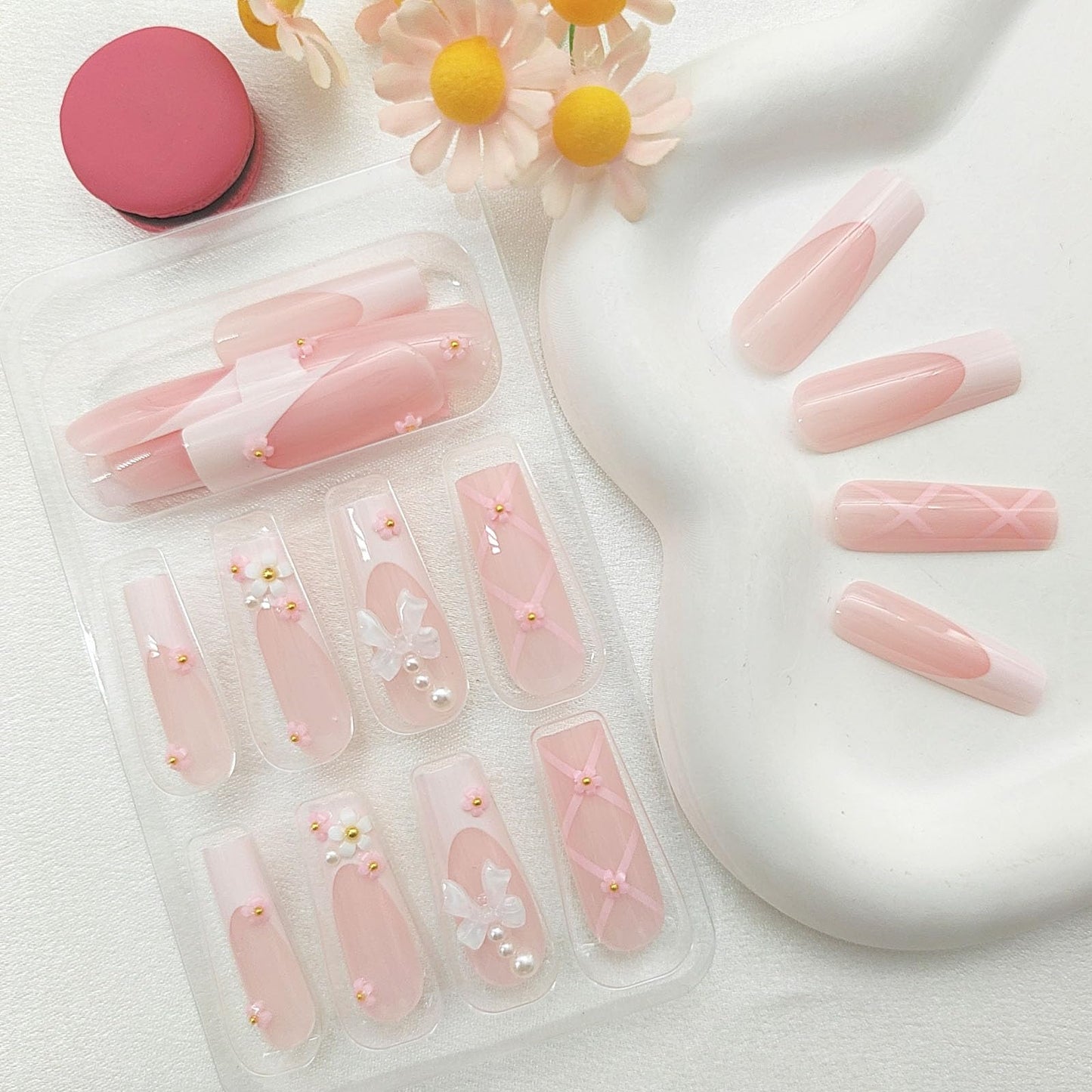 White French Tip Press on Nails Long Square Acrylic Nails, Flowers & White Bows Fake Nails Light Pink Translucent Glue on Nails Luxury Pearls & Glossy Stick on Nails for Women 24Pcs