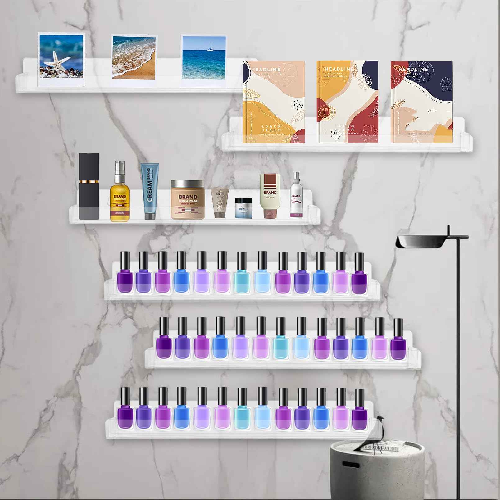 6 Pack Nail Polish Rack, Wall Mounted Organizer Shelf With Removable Anti-slip End Inserts, Clear Acrylic Display Holder for 90 Bottles