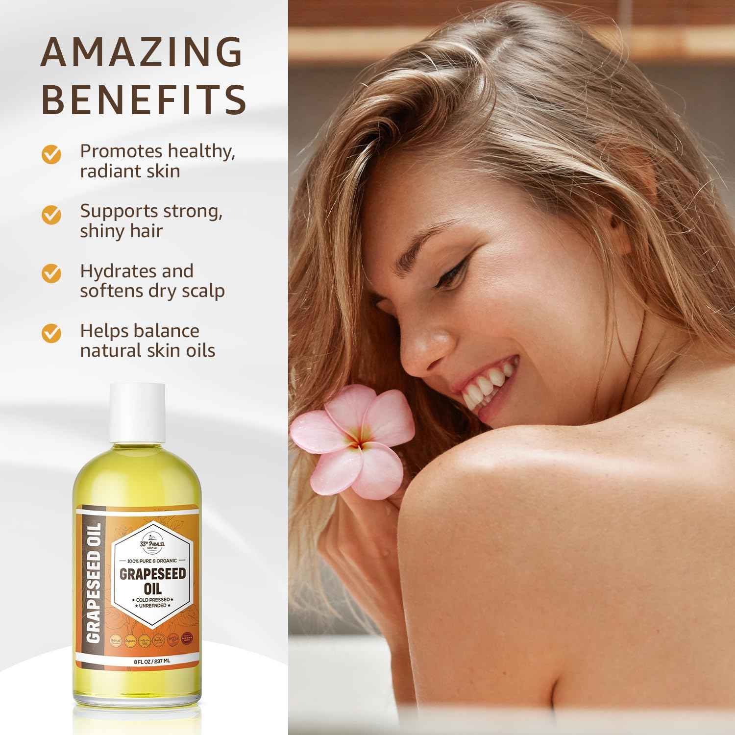 Organic GRAPESEED Oil (32 oz) Cold Pressed Unrefined | 100% Pure Natural, Non-GMO | Available in Bulk | Skin, Hair, Face, Carrier for Essential Oils, Soap Making | 32 FL OZ