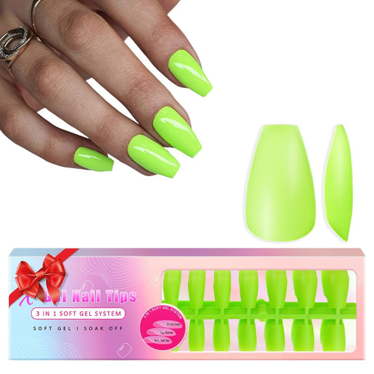 KQueenest Neon Green Gel Nail Tips - 300 Pcs Medium Coffin Press on Nails Tips, Pre-Applied Tip Primer Acrylic Fake Nail Tips, Vibrant Pre-Colored Ballerina Gel Tip Nails Extensions for DIY 15 Sizes