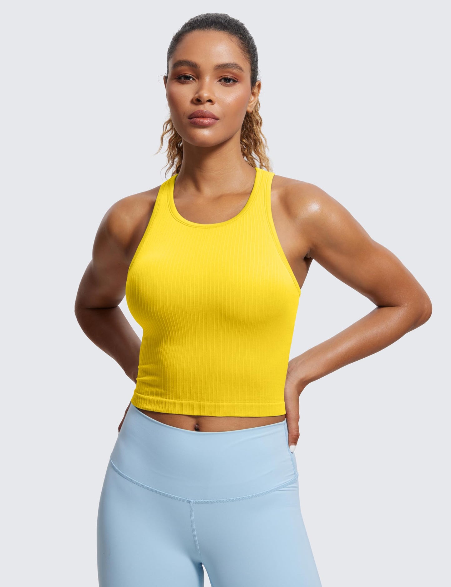 CRZ YOGA Womens Seamless Ribbed Longline High Neck Sports Bra - Racerback Padded Slim Fit Crop Tank Top with Built in Bra High Visibility Yellow Small