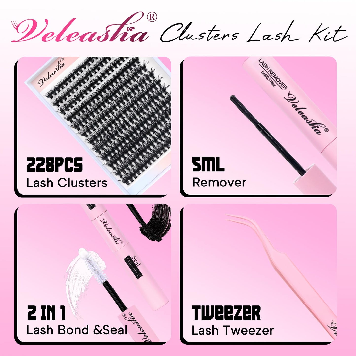 Veleasha DIY Lash Extension Kit 228Pcs D Curl Individual Lashes Kit Eyelash Extension Kit 40D Cluster Lashes Kit Wispy Fluffy DIY Lash Extension for Beginners(40DKit-0.07D-9-16mm)