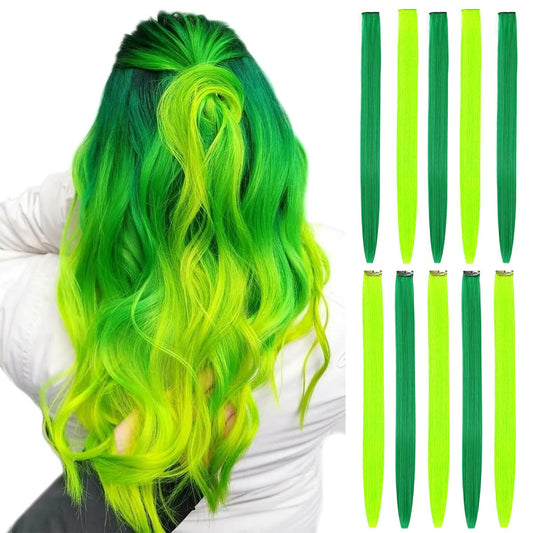 BHF Neon Yellow Green Hair Extensions Clip in Halloween Hair Accessories for Kids Girls Women Bright Vibrant Neon Hair Extensions Fairy Hairpieces Long Straight Color Hair Extensions 22"