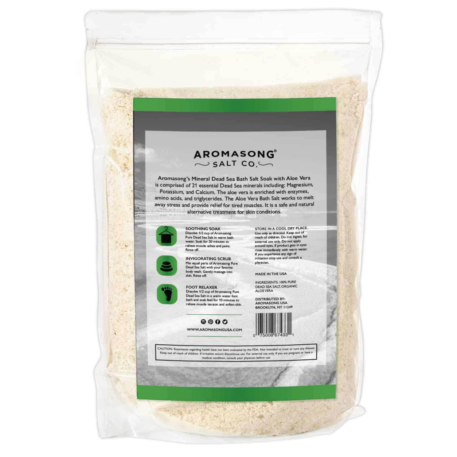 Aromasong 5 lbs Raw Dead Sea Salt with Organic Aloe Vera, not Cleaned, Still Contains All Dead sea Minerals Including Dead sea Mud, Fine Medium Grain Large resealable Bulk Pack (Packaging May Vary)