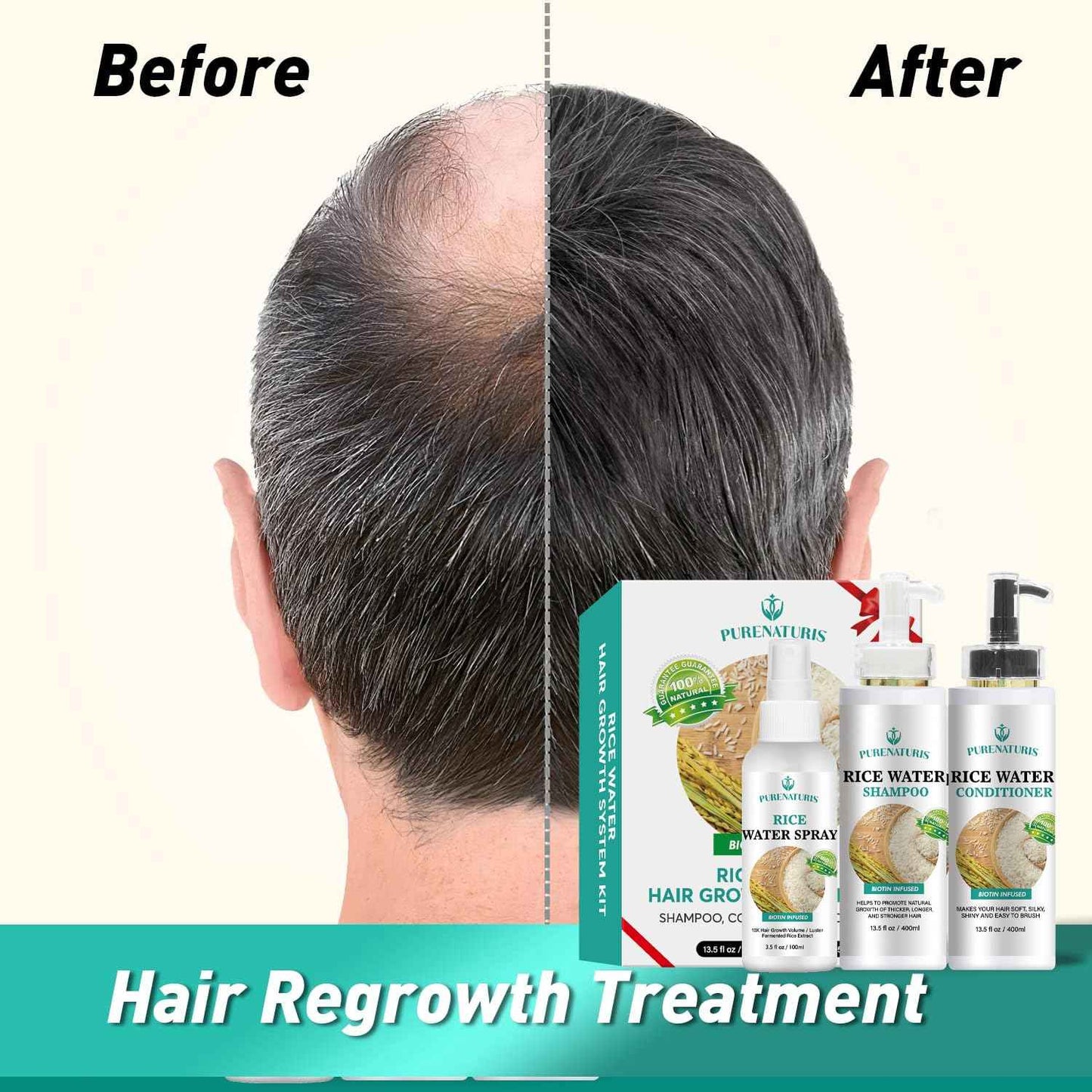 PureNaturis Rosemary Rice Water Shampoo Conditioner & leave-in Spray for Hair Growth Repair System Kit, w/Rosemary, Biotin, Caffeine, Sulfate Free Routine Shampoo for Women Men Hair Loss Thickening