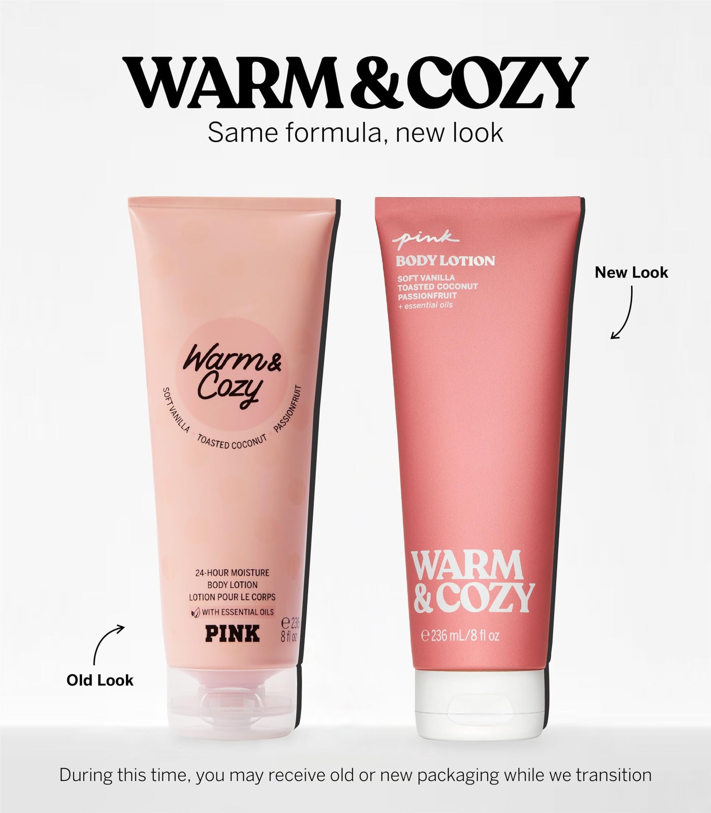 Victoria's Secret Pink Warm and Cozy Fragrance Lotion, Notes of Soft Vanilla, Toasted Coconut and Passionfruit, Warm and Cozy Collection (8 oz)