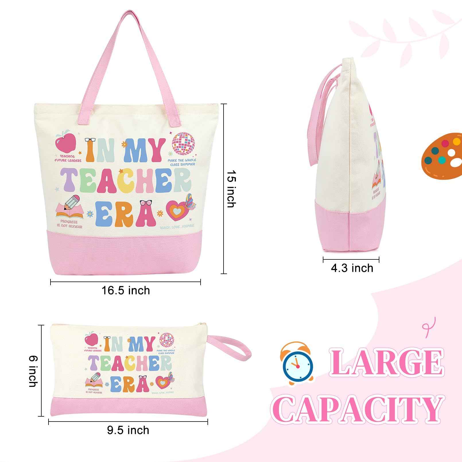 Aileam 2 Pcs Teacher Appreciation Gift Set Canvas Tote Bag Makeup Bag Thank You Teacher Gift Graduation Christmas Reusable Beach Shopping Pink