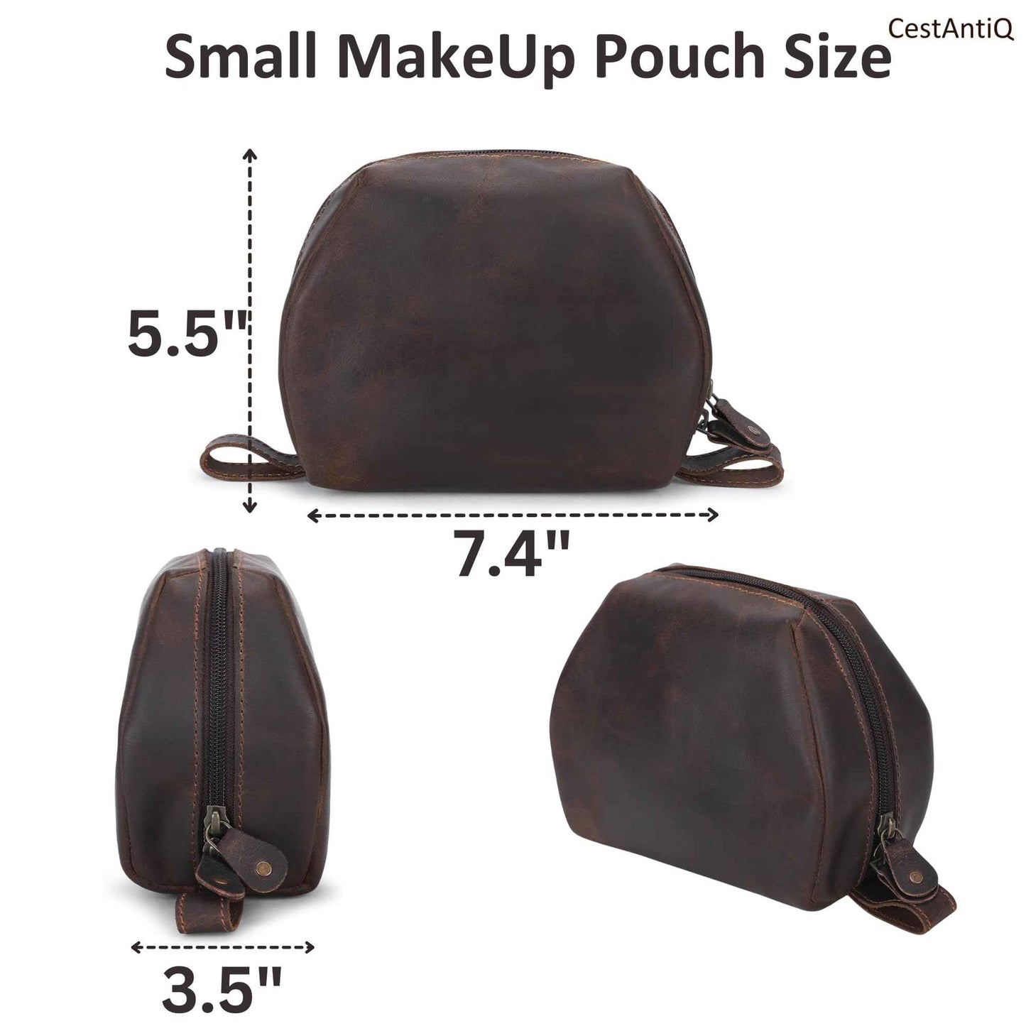 CestAntiQ Leather Travel Makeup Bag – Large Cosmetic Case with Brush Holders, Clear Toiletry Organizer for Women, Professional Makeup Pouch (Brown) (Small Toiletry Kit)