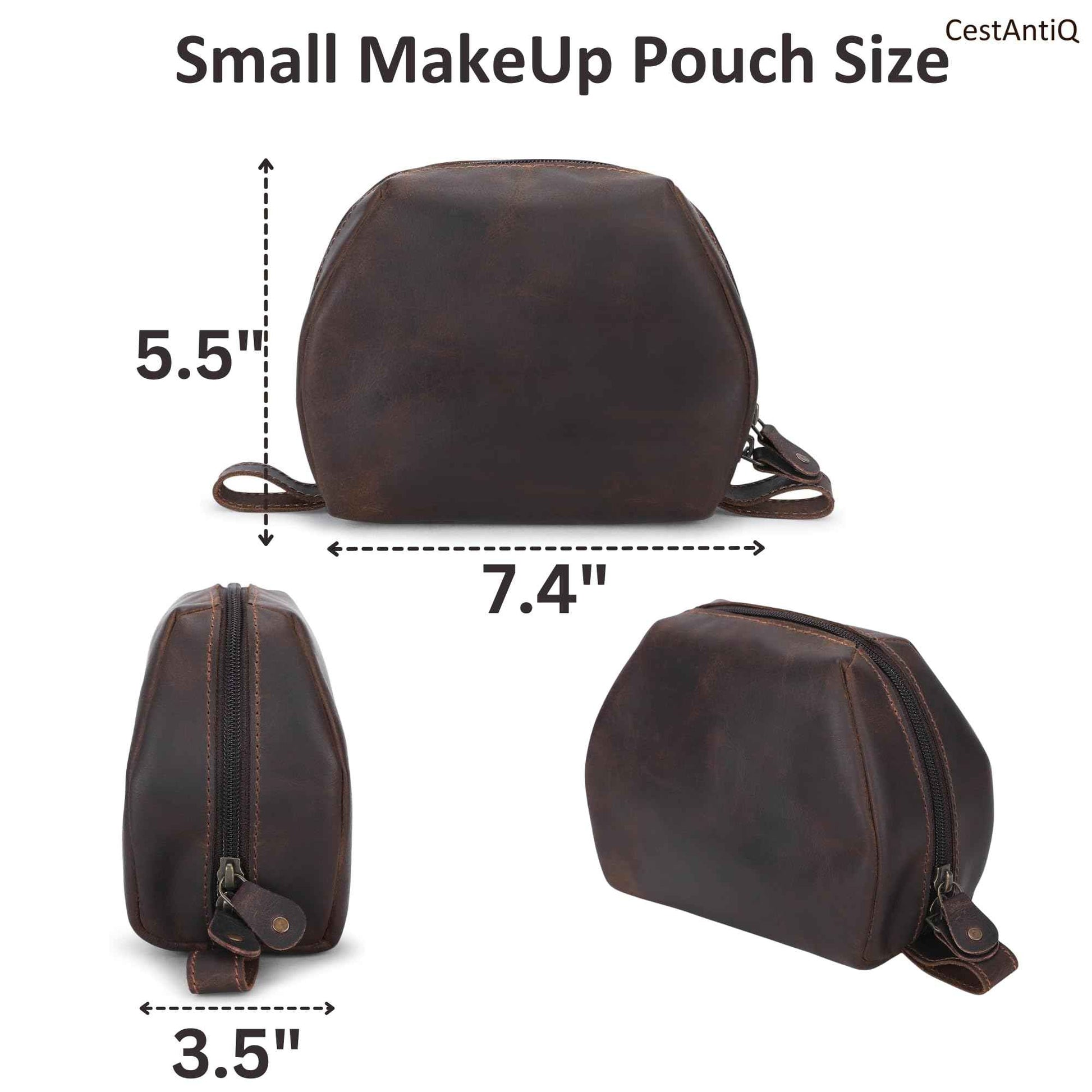 CestAntiQ Leather Travel Makeup Bag – Large Cosmetic Case with Brush Holders, Clear Toiletry Organizer for Women, Professional Makeup Pouch (Brown) (Small Toiletry Kit)