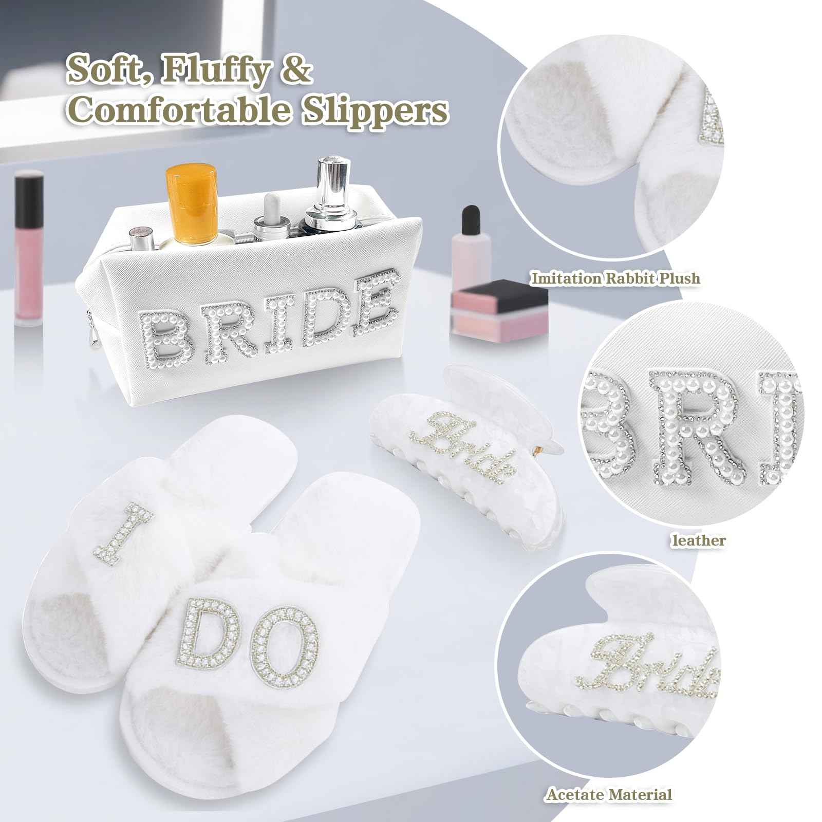 Zeokiar Bridal Shower Gifts, Bride To Be Gift Set, Wedding Gifts for Bride, Bachelorette Gifts for Bride, Engagement Gift for Her, Bachelor Party Christmas Gifts, Makeup Bag, I DO Slippers, Hair Clip