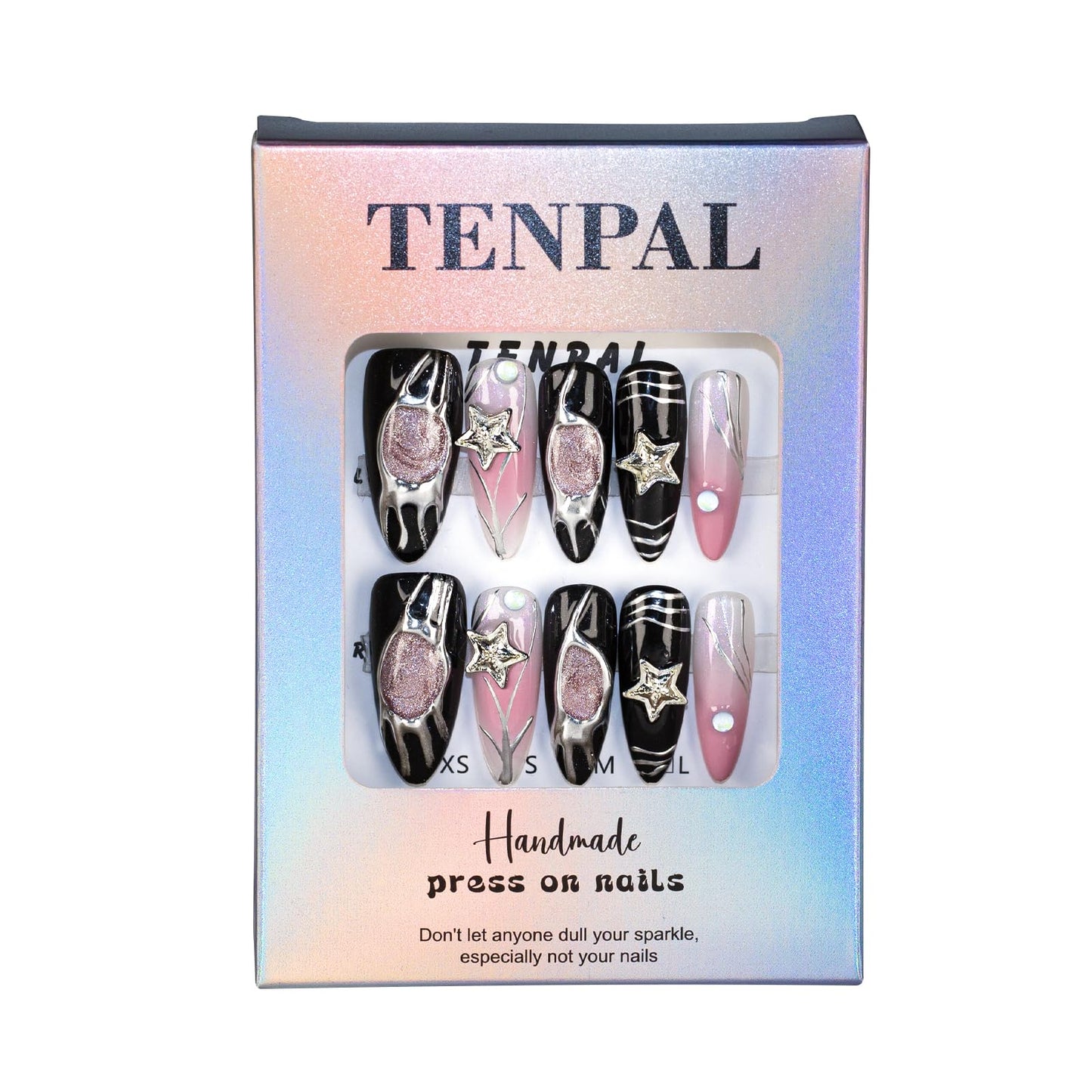 TENPAL Y2k Press on Nails Almond Black Nails Press ons With Star Charms Glitter Swirl Fake Nails With Glue 10pcs/Box Pink False Nails With Air Brush Nail Art Designs Soft Gel Acrylic Nails（XS)