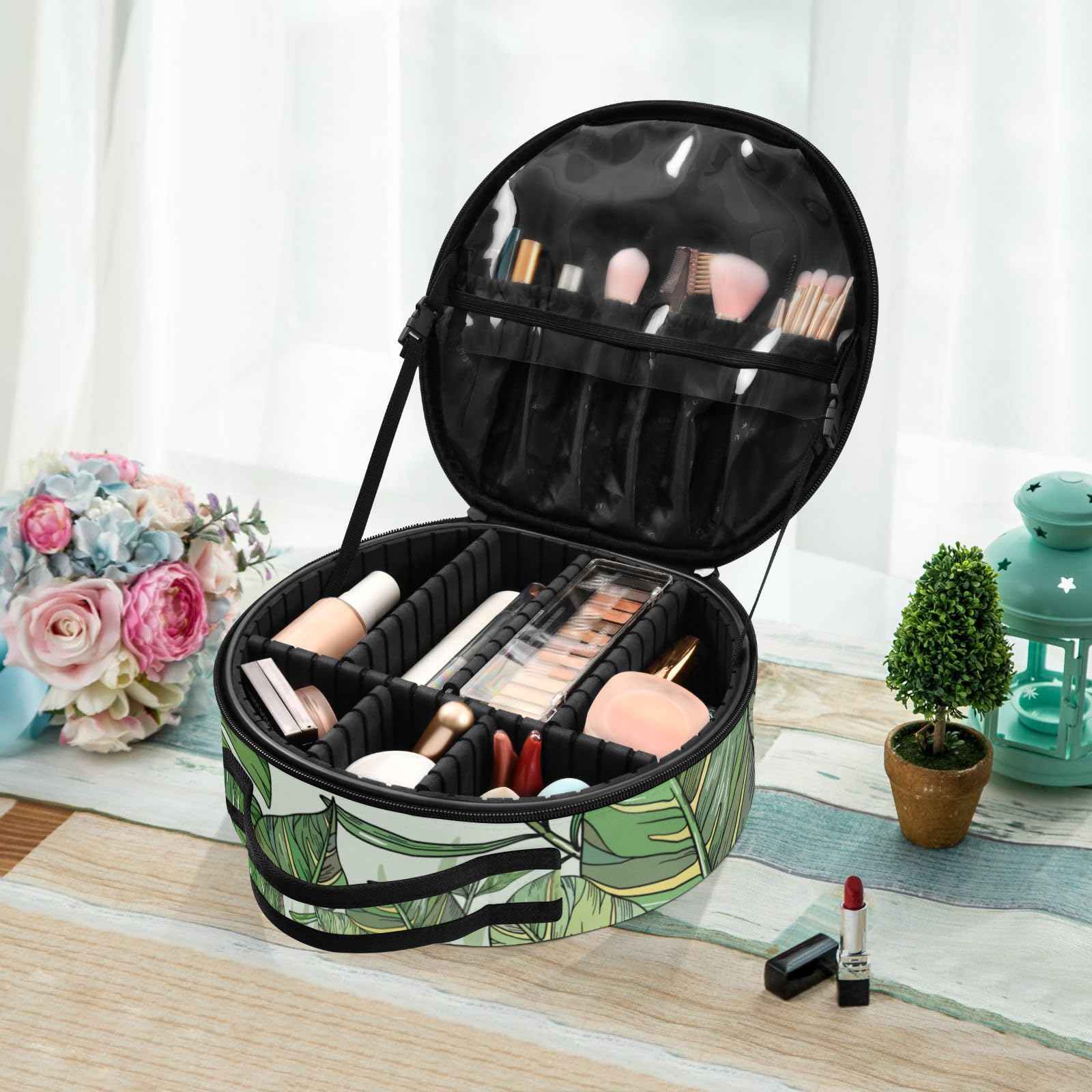 senya Round Cosmetic Pouch Travel Makeup Train Case Tropical Palm Leaves Makeup Organizer Bag with Adjustable Dividers Portable for Cosmetics Makeup Brushes Toiletry Jewelry Accessories
