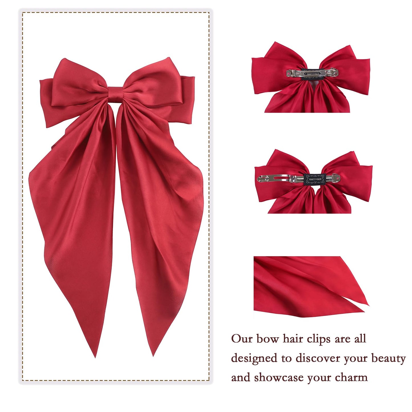 3Pcs Hair Bows For Women, Silky Ribbons Hair Women's Oversized Bow Metal Spring Clips Temperament Beautiful Hair Accessories Gift （Wine Red, Black, Cream White, ）