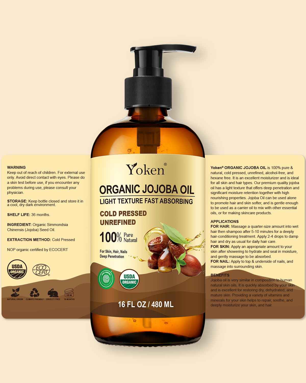 Yoken Organic Jojoba Oil Glass Bottle 16 fl oz, USDA Certified 100 Pure & Natural Jojoba Oil for Hair, Skin & Face, Cold Pressed Unrefined Hexane Free, Deeply Moisturizing Body Serum for Gua Sha