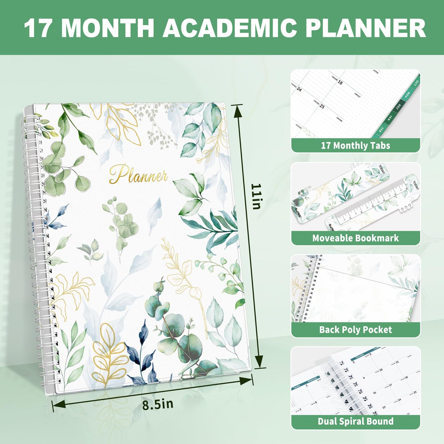 SUNEE Academic Planner 2024-2025 Weekly and Monthly - from August 2024 - December 2025, 8.5"x11" School Year Daily Calendar with Monthly Tab, Flexible Cover, Note Page, Pocket, Bookmark, Greenery