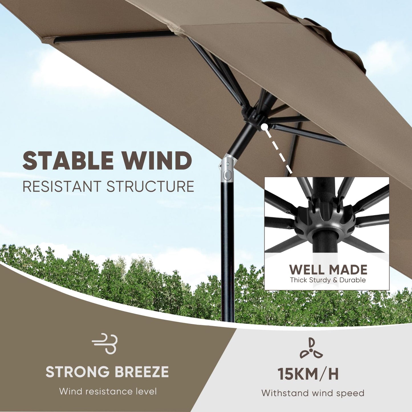 Tempera 9ft Patio Market Outdoor Table Umbrella with Push Button Tilt and Crank,Large Sun Umbrella with Sturdy Pole&Fade resistant canopy,Easy to set,Taupe