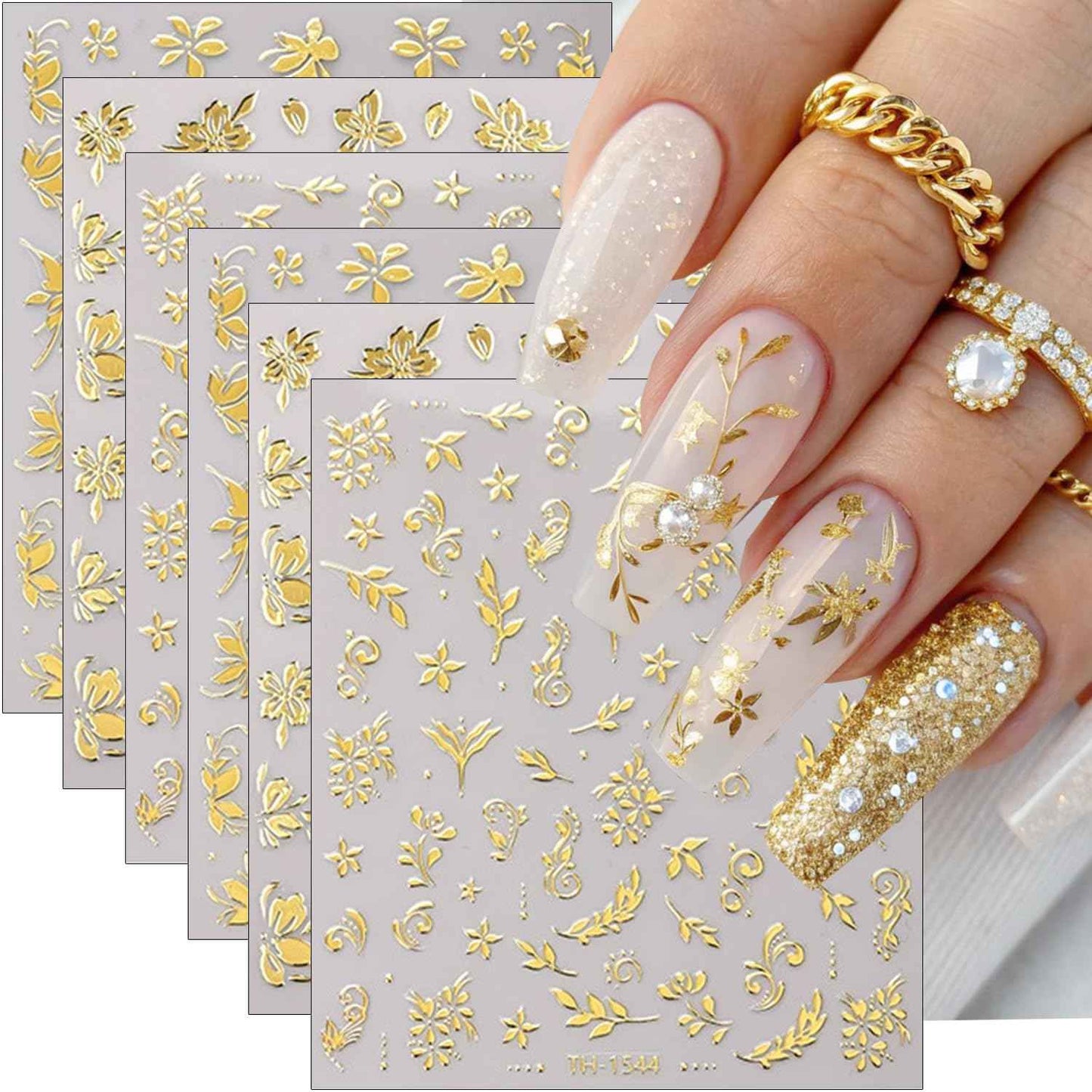 6Pcs Gold Nail Art Stickers 3D Metallic Floral Leaf Nails Decals Gold Cherry Blossom Flower Nail Stickers Butterfly Nails Art Design Supplies for Women Girl Spring DIY Manicure Decoration Accessories