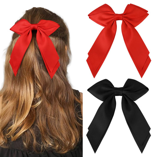 DEEKA 2 PCS Hair Bows Hair Ribbon Clips for Women 6" Black Red Double-layered Hair bows Matte Satin Bowknot Long Tail Hair Accessories for Women Girls (Red, Black)