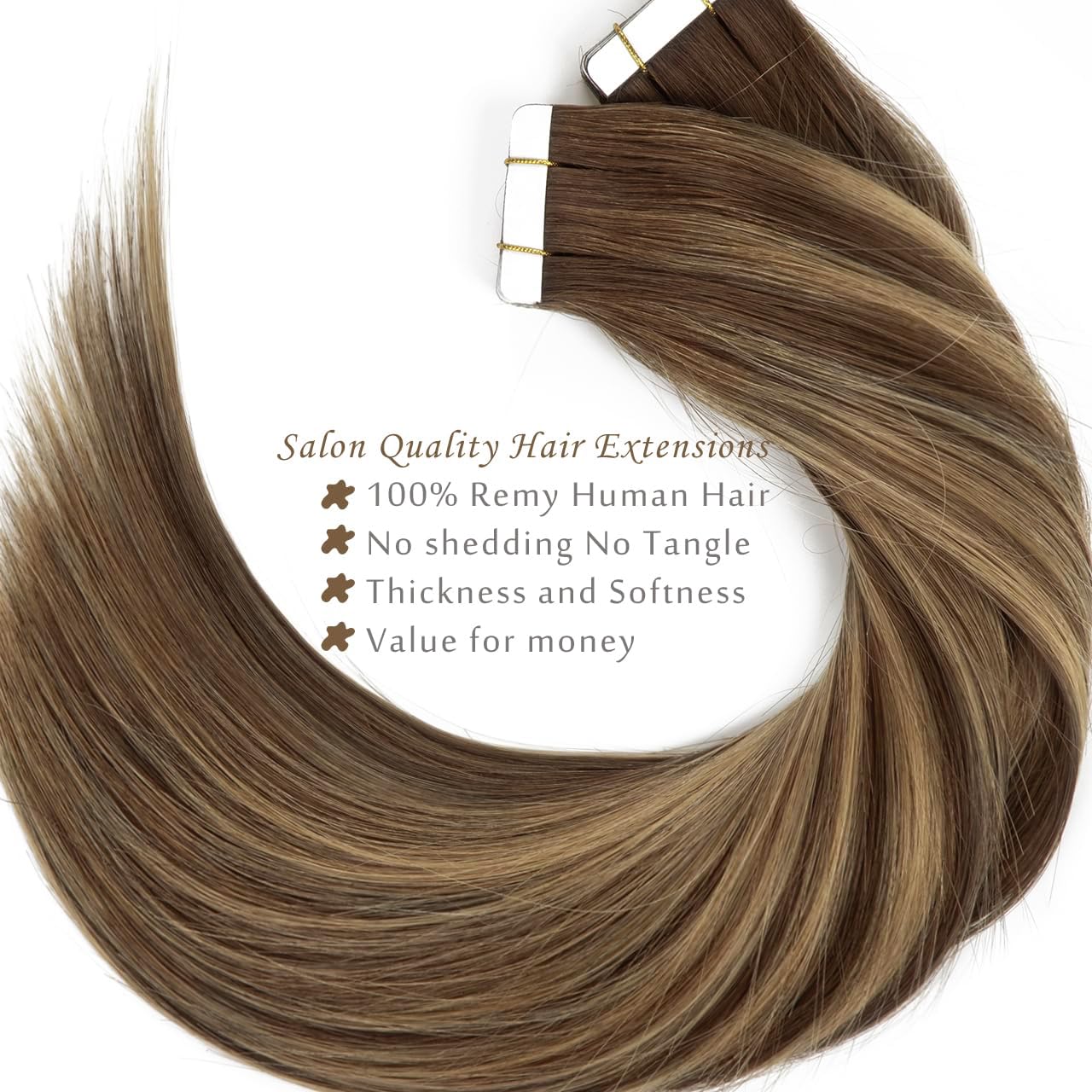 LacerHair Hair Extensions Tape in Human Hair Color #5 Dark Brown Fading to #12 Dirty Blonde with #5 Dark Brown Roots Natural Hair Extensions 20PCS 50G Tape in Straight Skin Weft 14 Inch