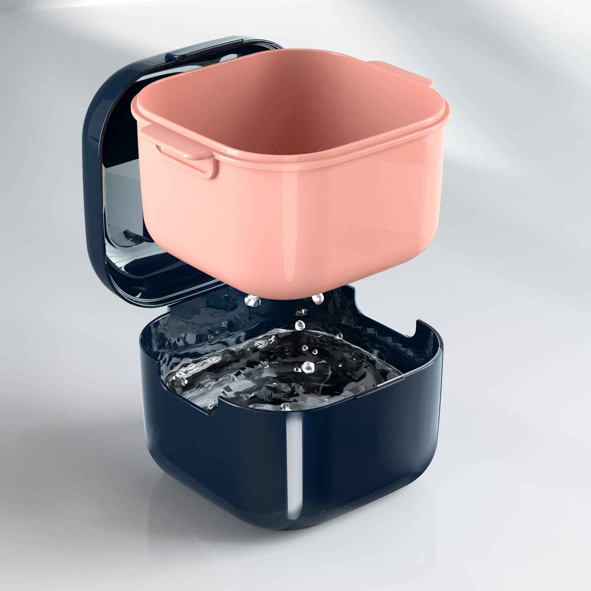 whoobell Denture Cup，Retainer Case,Cute Night Mouth Guard Box Holder, Storage Soak Container with Strainer basket for Travel Cleaning (Blue)