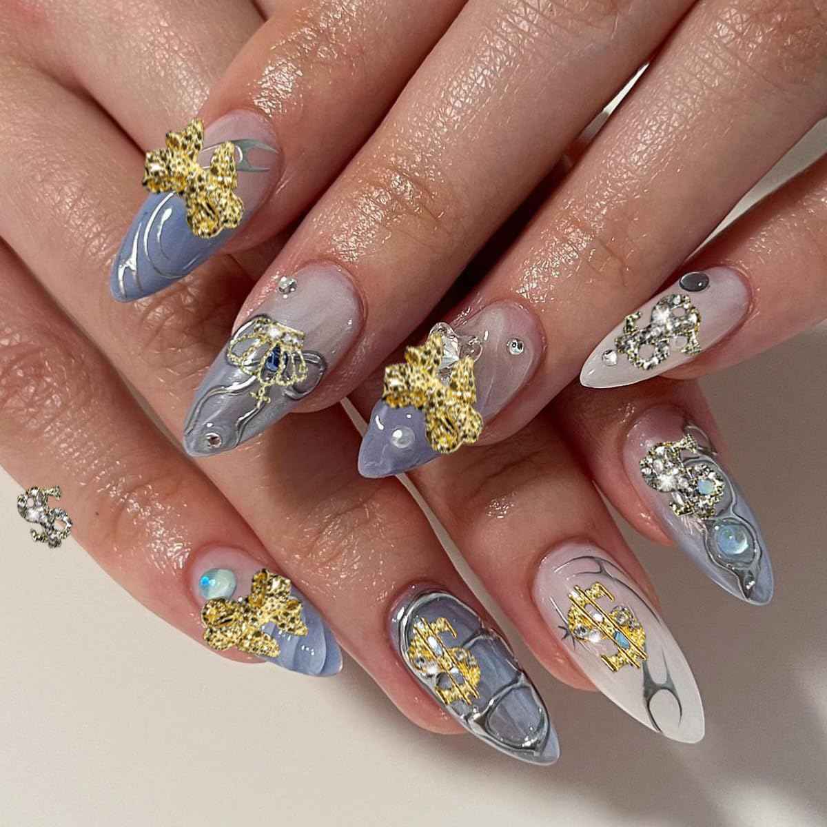 COOSLIM 20 Pcs 3D Metal Alloy Nail Charms Gems, Gold Silver Bowknots Heart Nail Gems,Dollar Crown Rhinestones for Nails, Luxury Nail Jewels Nail Art Supplies for Women DIY Nail Manicure Decor 3