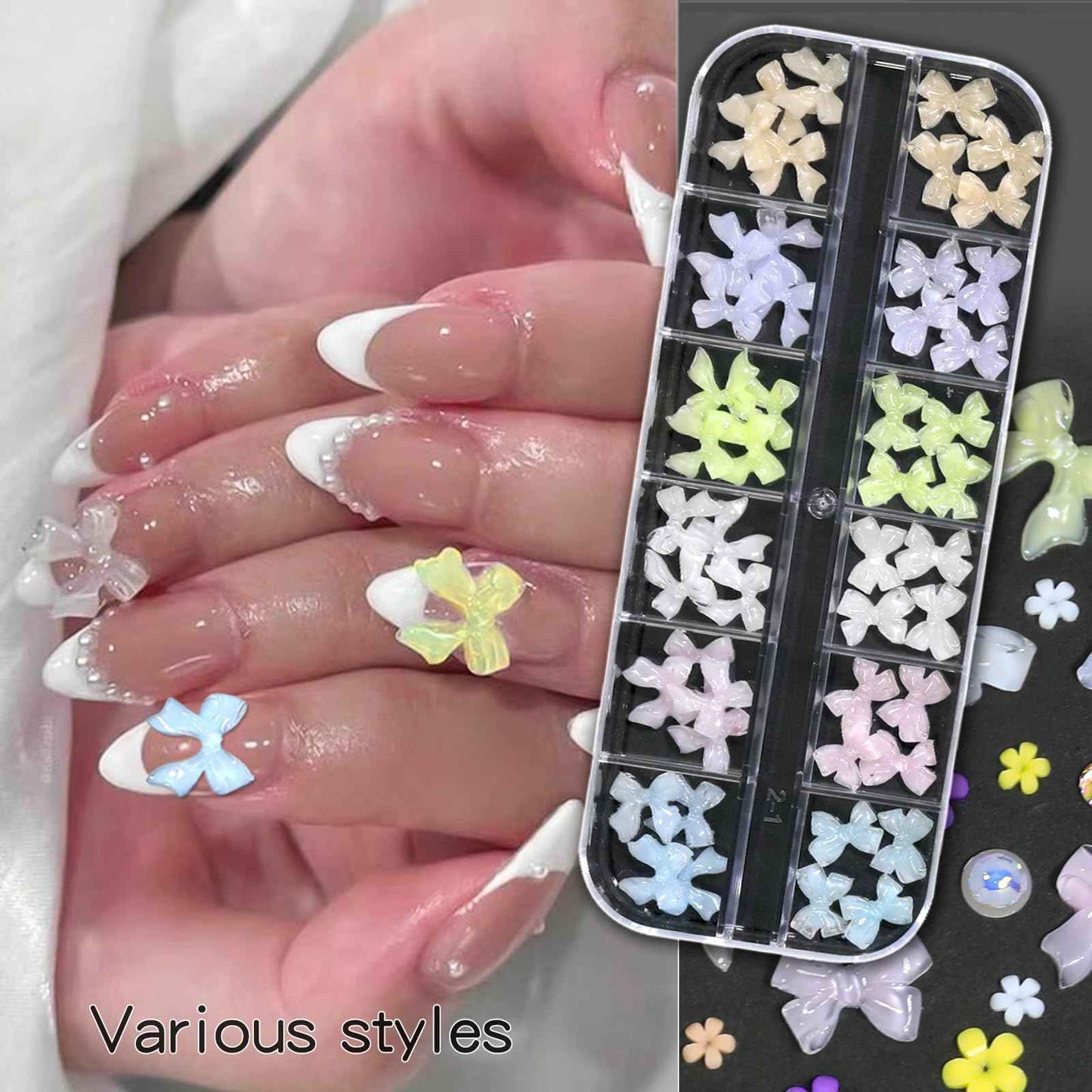 HNUIX Nail Charms - Nail Rhinestones Kit with 6 Boxes of Nail Gems, 3D Charms for Nails, Colorful Clear Flatback Gems, Pearls,Butterfly, Bow, Flowers, Caviar Beads, Multi Shape Crystals for Craft