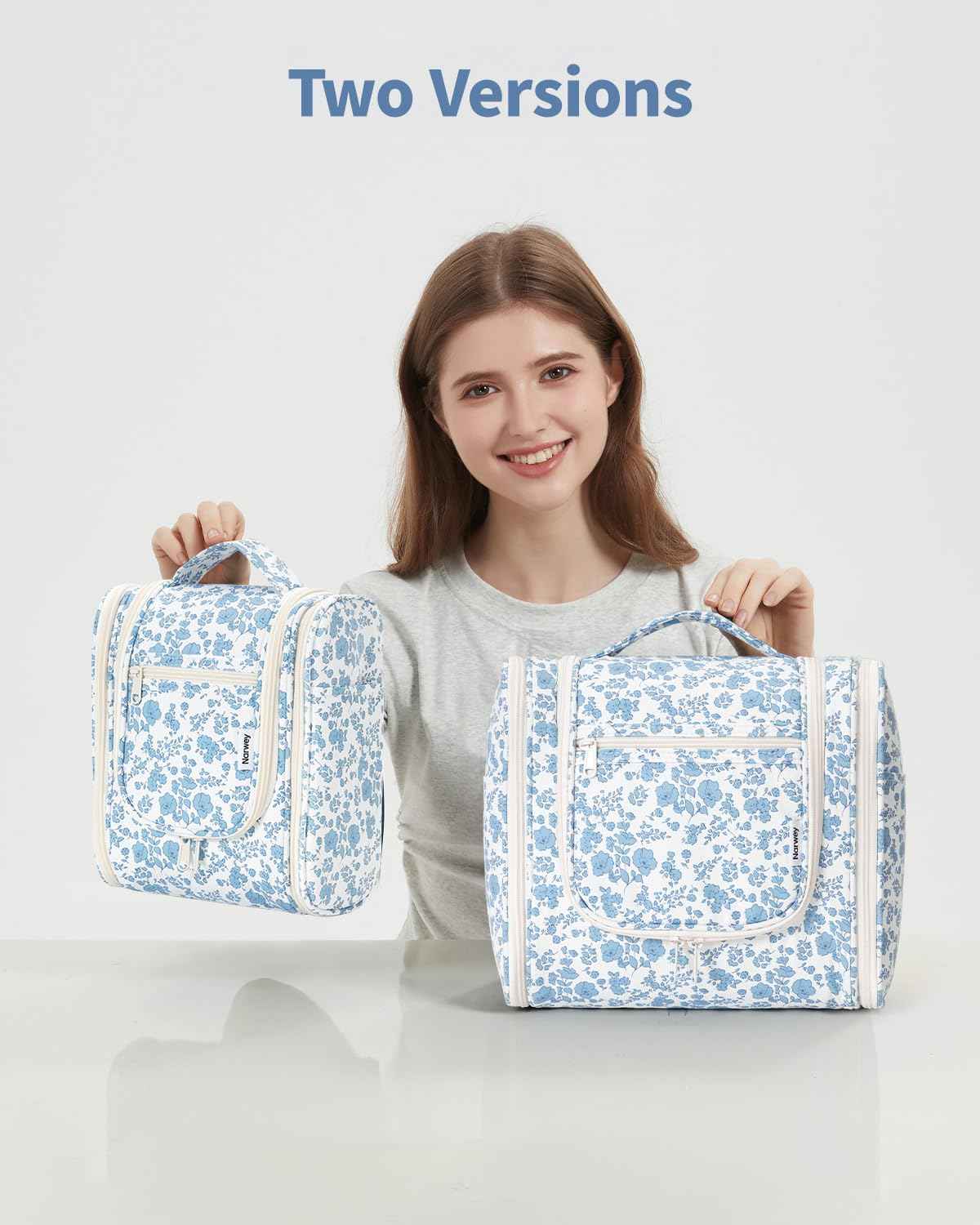 Narwey Hanging Toiletry Bag Women Travel Makeup Bag Organizer Toiletries Bag for Travel Size Essentials Accessories Cosmetics (Medium,Little Blue Flower)