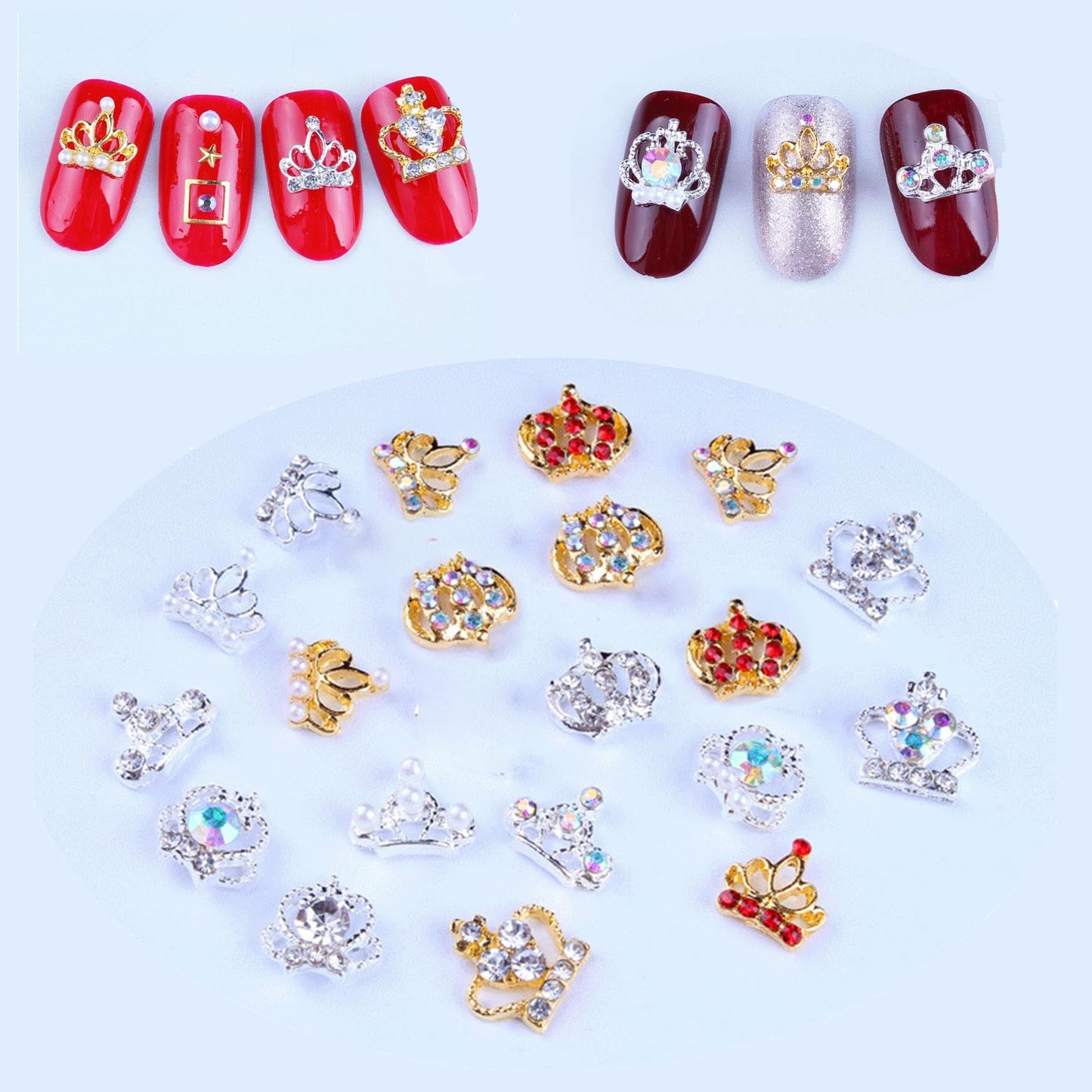 DANNEASY 34pcs 3D Crown Nail Charms Flat-back Crown Rhinestone for Nails Gold Silver Nail Jewels Crystal Charms for Nails Alloy Nail Studs Rivet Nail Art Decoration