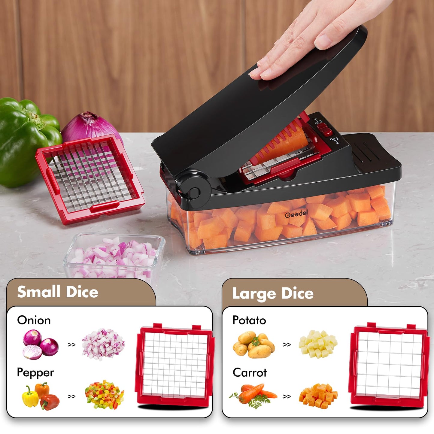 Geedel Vegetable Chopper, Onion Chopper Pro Food Chopper, Kitchen Vegetable Slicer Dicer Cutter Grater, Veggie Chopper with container for Salad Onion Potato Carrot (4 in 1, Red)