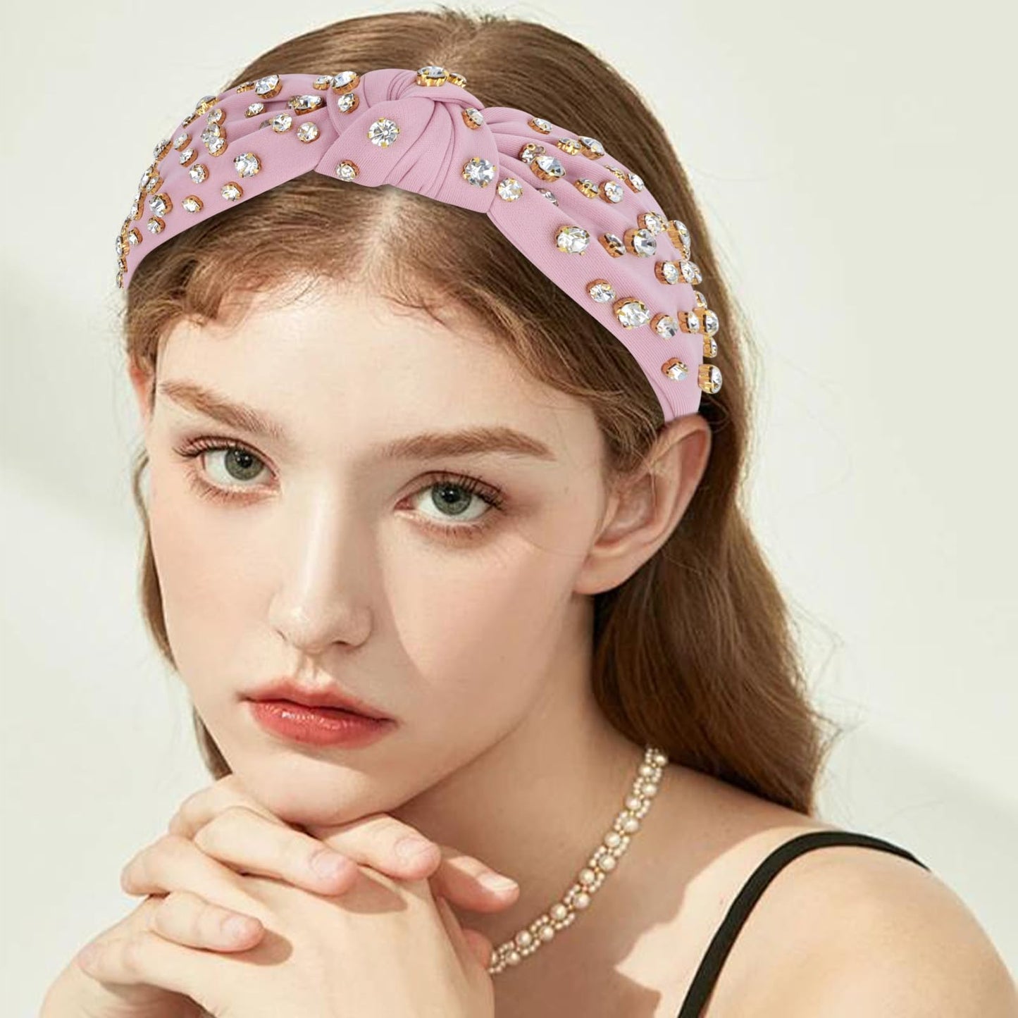 Pink Rhinestone Headband Beaded Knotted Headband for Women Sparkly Jeweled Headbands for Women Top Knot Headband for Women Crystal Headband Fashion Embellished Headbands Hairband Non Slip Accessories