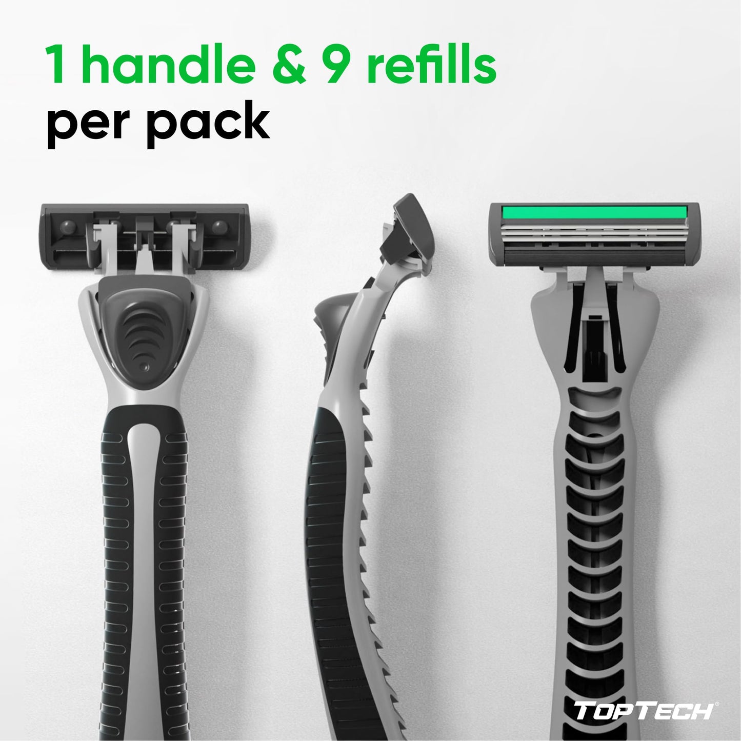 TopTech PRO 3 Razors for Men - Manual Shaving Razor & Replaceable Cartridges - 10 Count Pack (Handle + 9 Refills) - 3-Blades Technology - Soft Shave & Sharp Blades - Cost-effective Refill