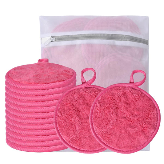 Large Reusable Makeup Remover Pads for Face, Soft Microfiber Makeup Remover Cloths Washable, Premiun 5 INCH Face Cleaning Pad with Laundry Bag, 12 Pack Pink