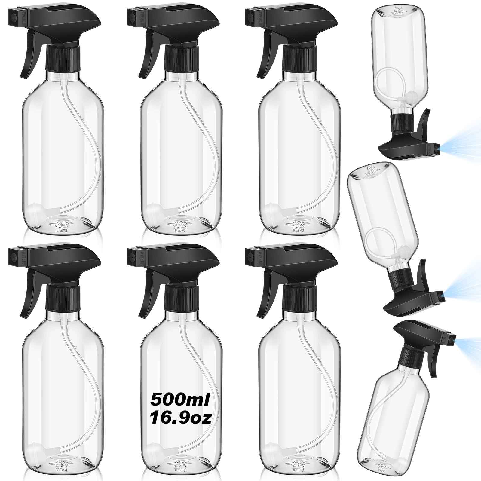 LOYIM 6 Pack 360° Water Spray Bottle Plastic Spray Bottles 16 oz, Upside Down Fine Mist/stream Water Bottle Upgraded Adjustable Nozzle Refillable Empty Containers for Plants, Cleaning, Hair (Clear)