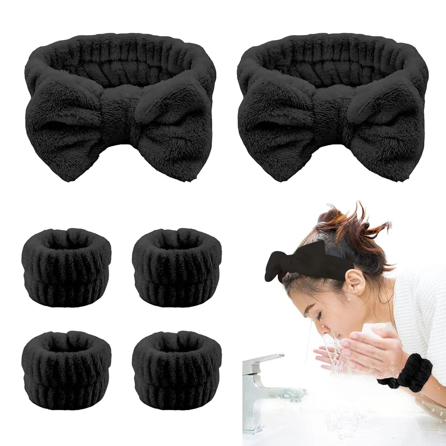 LIEWEILS Makeup headband,spa Headband and Wristband Set,bubble Skincare Headbands with Wristbands and Hair Scrunchies Set for Skin Care Makeup Removal Shower (Black-6pcs)