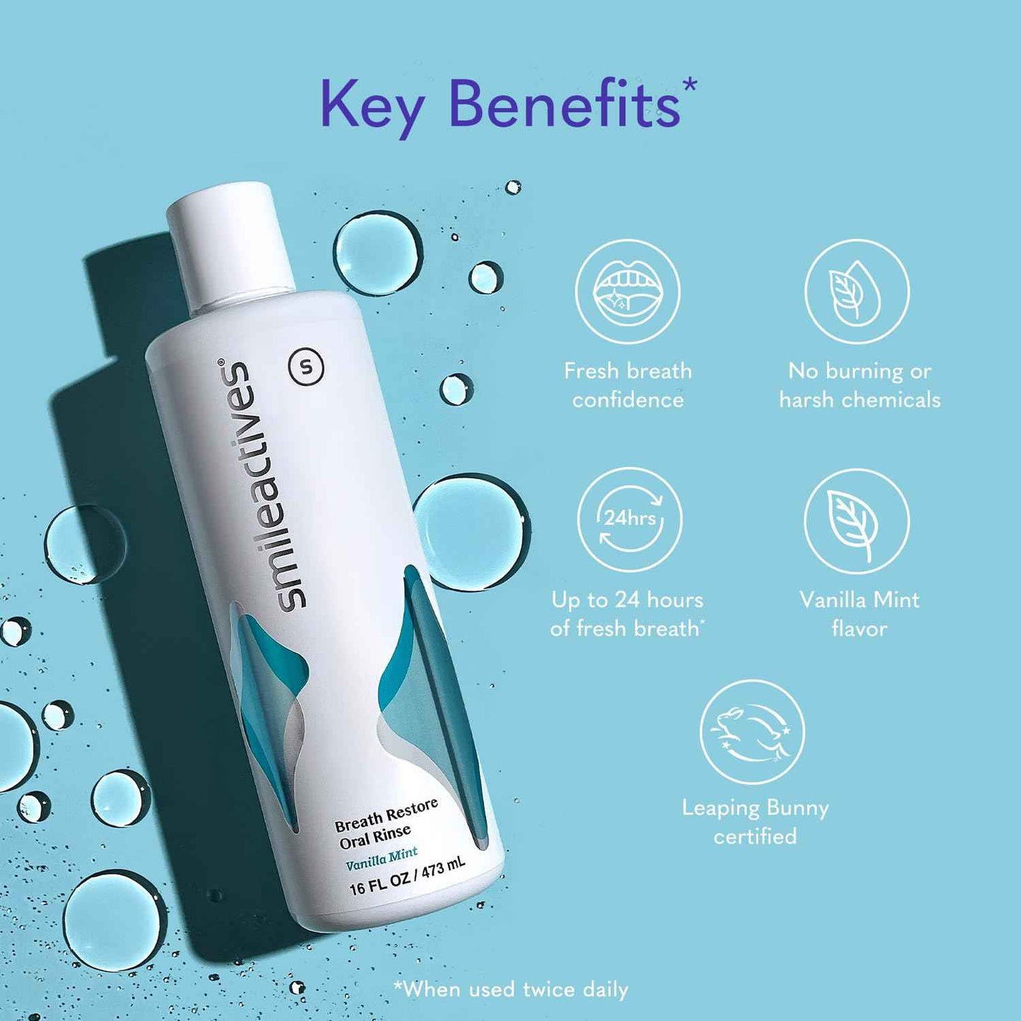 Smileactives Breath Restore Oral Rinse, Adults Mouthwash for Bad Breath and Gum Health, Promotes Oral Care, Healthy Mouth and Long Lasting Fresh Breath, Sugar and Alcohol-Free, Vanilla Mint, 16 fl oz