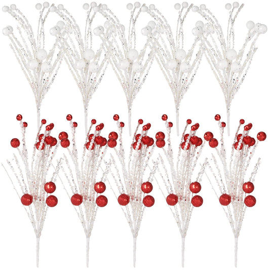 10 Pcs Christmas Decorations Ornaments 12 Inch Xmas Sequins Ball Tree Picks Large Glitter White Snow Spray for Tree Toppers Hanging Christmas Berry Stem for Holiday Party Supplies (Red, White)