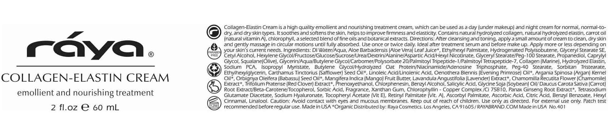 Raya Collagen-Elastin Cream (401) | Nourishing and Moisturizing Facial Treatment for Dry Skin | Helps Reduce Fine Lines and Wrinkles | Calms, Tones, Refines, and Firms