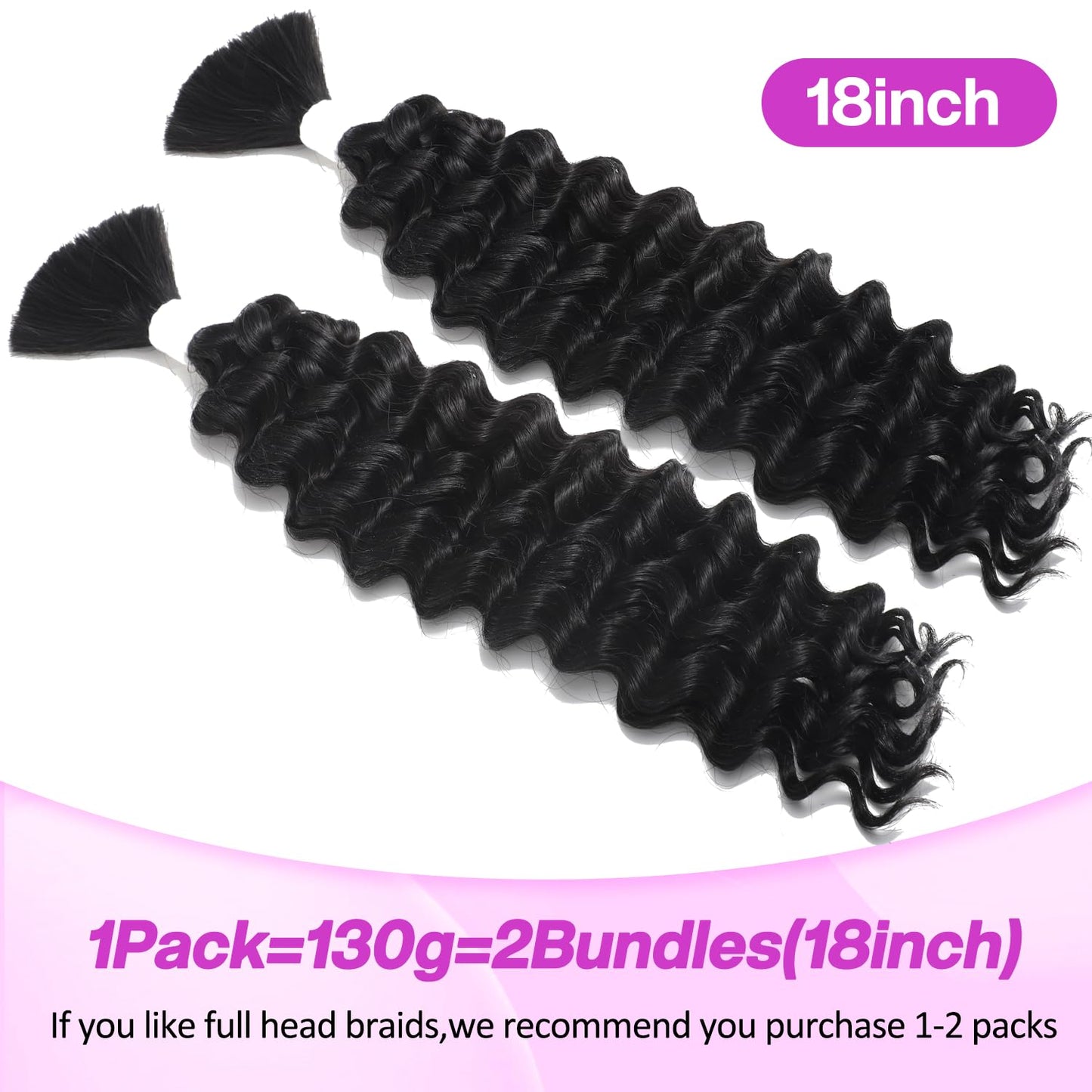 XACIPUZ Human Braiding Hair 2Bundles 130g 18 Inch for Bohemian Braids Deep Wave Bulk Human Hair for Braiding No Weft Hair Extensions for Boho Knotless Braids(1B)