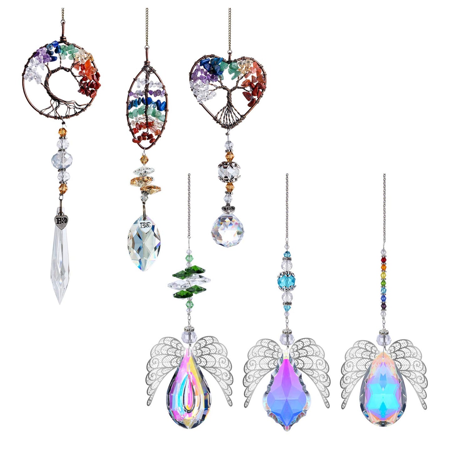 H&D HYALINE & DORA Sun Catcher Hanging Crystal Tree of Life and Metal Angel Wing Decor Rainbow Maker Drops Hang for Window, Home, Car Charms