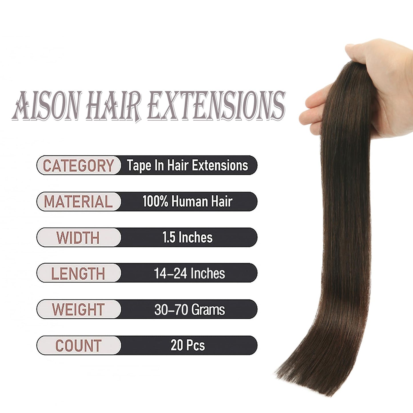 Aison Dark Brown Invisible Tape in Hair Extensions Human Hair 16 Inches 30g 20 Pcs/Pack Tape ins Human Hair Extensions Invisible Tape in Extensions