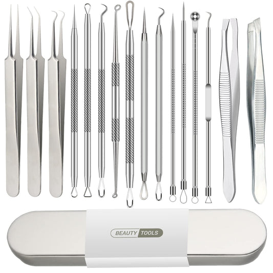 16 PCS Pimple Popper Tool Kit, Blackhead Remover Tools, Acne Extractor Tool, Cyst Removal Tool, Professional Stainless Steel Tweezers for Eyebrows Pimple Blemish Hair Removal, Tools for Beauty Salons