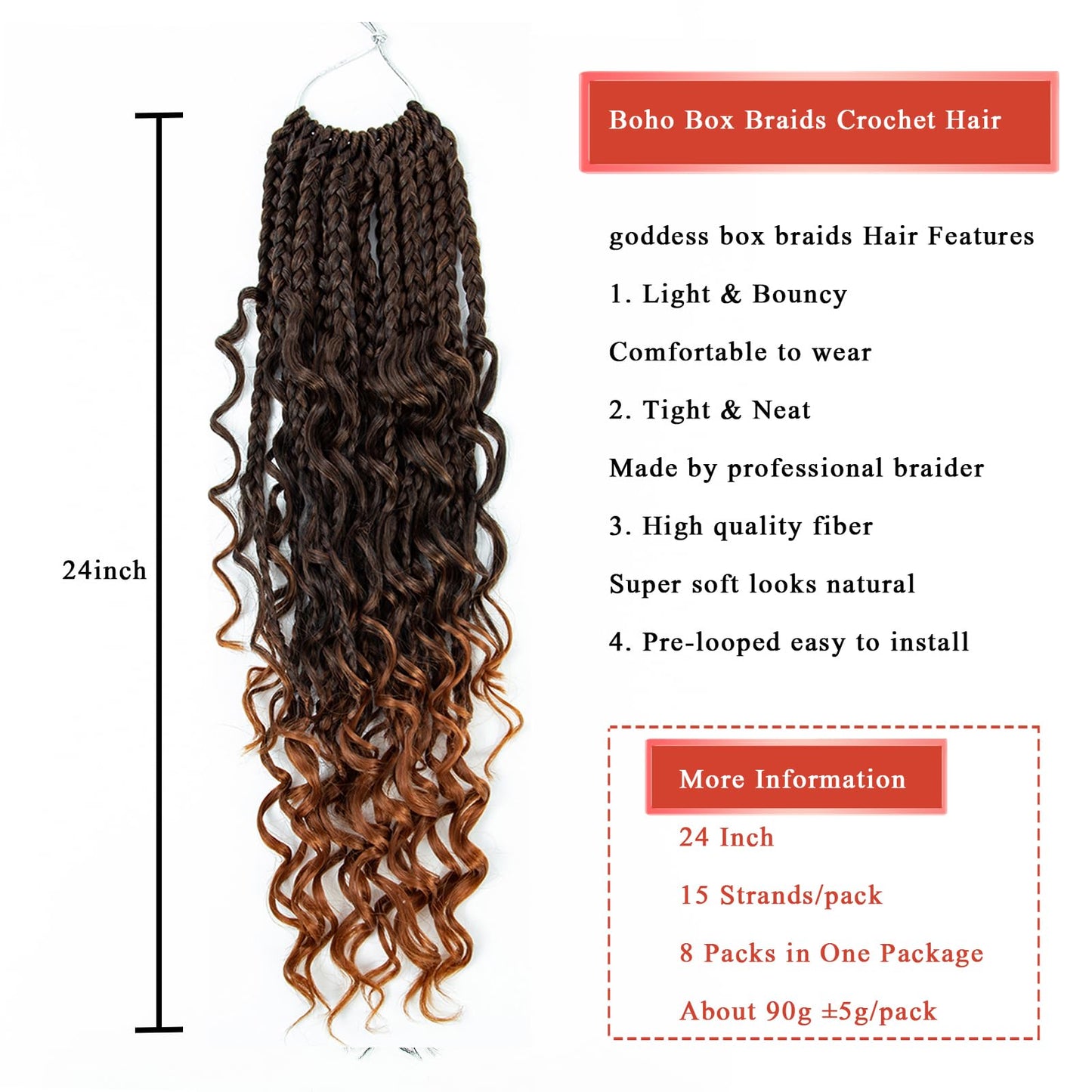 Liang Dian Goddess Box Braids Crochet Hair With Curly Ends 24 Inch 8 Packs Bohomian Braids Hair Crochet Braids for Black Women (24 Inch 1B/30)